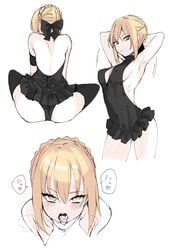 arm_strap armpits arms_up artoria_pendragon artoria_pendragon_(alter) artoria_pendragon_(swimsuit_rider_alter) ass back backless_swimsuit bare_back bare_shoulders black_bow black_legwear black_swimsuit blonde_hair blush bow breasts casual_one-piece_swimsuit covered_navel cropped_legs cum cum_in_mouth erect_nipples eyebrows_visible_through_hair fate/grand_order fate_(series) frilled_swimsuit frills hair_bun hairbow heart heavy_breathing highres iriehana looking_at_viewer medium_breasts motion_lines multiple_views one-piece_swimsuit open_mouth short_hair sideboob sidelocks simple_background sitting speech_bubble spoken_heart sweat swimsuit thighs tongue tongue_out tsurime white_background yellow_eyes