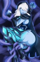 ahe_gao armor blue_eyes blue_skin blue_tongue curvy dolechan dollachann dota dota_2 drow_ranger female restrained tentacle tentacle_rape tentacle_sex vagina wet_pussy