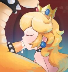 1boy 1girls aardcase blonde_hair bowser closed_eyes cock_ring crown cum cum_in_mouth cum_inside earrings fellatio female interspecies lipstick long_hair male mario_(series) nintendo oral penis princess_peach size_difference spiked_collar straight vein veiny_penis