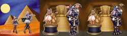 !? anthro anthrofied anubian_jackal blonde_hair cape cartoony desert dr_wahee dress drill_hair egyptian_mythology green_eyes grin height_difference height_growth huge_breasts kodou-sama_(cownon) latex lavender_hair mind_control pout purple_eyes purple_hair sequence sphinx spiral_eyes surprised sweat sweatdrop tagme transformation weapon