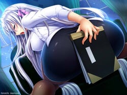 1girls antenna_hair arm_behind_back ass_up black_skirt blush breasts covering_ass devil female female_only hair_ribbon high_school_dxd high_school_dxd_hero ikemura_hiroichi kneeling large_ass large_breasts leaning_forward long_hair looking_behind night_sky on_chair open_mouth rossweisse solo stars stockings thighs tight valkyrie very_long_hair white_hair white_shirt