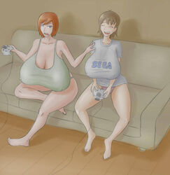 2girls barefoot big_breasts brown_hair cleavage closed_eyes collarbone color couch dreamcast female female_only gigantic_breasts green_shirt huge_breasts indoors logo nipples_visible_through_clothing open_mouth orange_hair purple_panties rasburton sega sega_dreamcast short_hair sitting_down smile