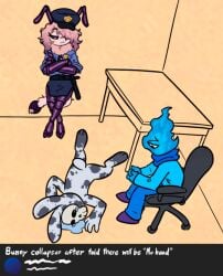 1_eye 2026 2_toes 3_toes 4_fingers accessory anthro arthropod badge barefoot belt biped black_belt black_eyebrows black_eyes black_necktie black_sclera blue_body blue_bottomwear blue_clothing blue_fire blue_hat blue_headwear blue_pants blue_scarf blue_shirt blue_skirt blue_topwear bodily_fluids bottomwear centry_(soulcentinel) chair clasped_hands closed_frown clothed clothed_anthro clothed_female clothed_humanoid clothed_male clothing colored_fire crossed_arms crossed_legs crying digitigrade elemental_creature elemental_humanoid english_text exoskeleton eyebrows eyelashes feet female female_anthro fingers fire fire_creature fire_humanoid footwear frown fur furniture grey_body grey_ears grey_fur hair hair_over_eye handwritten_text hat headgear headwear humanoid insect inside lagomorph leaning leaning_against_wall leaning_backward leporid long_hair long_sleeves looking_down looking_down_at_another lying male male_anthro male_humanoid mammal morsectuum mouth_closed multicolored_body multicolored_ears multicolored_fur necktie nude nude_anthro nude_male office_chair on_front pants police police_baton police_hat police_officer police_uniform pupils purple_body purple_clothing purple_exoskeleton purple_eyes purple_footwear purple_hair purple_shoes purple_tail rabbit rolled_up_sleeves scarf shirt shoes sitting skirt soulcentinel table tail tears text toes topwear two_tone_body two_tone_ears two_tone_fur uniform violet_echo waketab_(waketab) white_body white_ears white_fur white_tail white_text