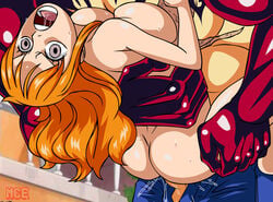 1boy 1girls armament_haki ass big_breasts cum_inside cumming fear female fucked_senseless gomu_gomu_no_mi gomu_gomu_no_mi_(gear_4) grabbing haki_(one_piece) holding_body male monkey_d_luffy mrclearedits muscular nami nami_(one_piece) one_piece orange_hair post-timeskip scar sex shocked straight