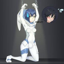 blue_hair blush bulge_through_clothing chains darling_in_the_franxx embarrassed hiro_(darling_in_the_franxx) ichigo_(darling_in_the_franxx) kigurumi kinktale kneeling struggling stuck white_bodysuit