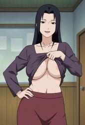 1girls 1milf ai_generated black_eyes blue_hair blush breasts breasts_out busty covered_nipples facing_viewer female female_only flashing flashing_breasts front_view hand_on_hip hi_res housewife indoors kageno kitchen large_breasts lifted_by_self long_hair long_sleeve_shirt long_sleeves looking_at_viewer mature mature_female milf naruto naruto_(series) naruto_shippuden naughty_face navel no_bra no_bra_under_clothes pinup presenting presenting_breasts shirt_lift showing_breasts skirt smile standing teasing teasing_viewer uchiha_mikoto underboob undressing voluptuous wife