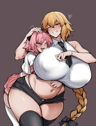 1boy 1girls astolfo_(fate) bigger_female blush breasts_bigger_than_head fate/grand_order fate_(series) femboy femboy_on_female girly huge_breasts hugging hugging_from_behind hyper imminent_sex jeanne_d'arc_(fate) long_hair mostly_clothed owner_(artist) playful skimpy_clothes thick_thighs thighs visible_nipples wide_hips wink