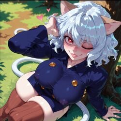 ai_generated arzagod big_breasts cat_ears cat_tail catgirl covered_nipples female hunter_x_hunter neferpitou perfect_legs red_eyes short_hair tagme thick_thighs