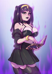 1girls alternate_outfit aura belly big_breasts bimbo black_lipstick book breasts cleavage collar eyelashes eyeshadow female female_only fire_emblem fire_emblem_awakening goth grey_eyes human jacket kajinman large_breasts lipstick long_hair long_nails looking_at_viewer magic makeup midriff navel nintendo purple_nails skirt solo text tharja_(fire_emblem) thighhighs url watermark