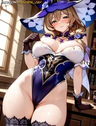 ai_generated big_ass big_breasts blush brown_hair genshin_impact gloves green_eyes lisa_(genshin_impact) lisa_minci pantyhose parody revealing_clothes sexy sexy_pose