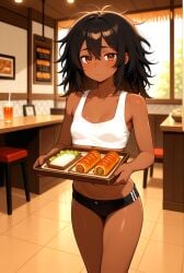 ai ai_generated belly belly_button black_hotpants black_short_shorts brown_body brown_eyes brown_skin canteen chair clothed clothed_female dark_hair desk drinks food food_tray hotpants messy_hair naja_wild original petite petite_body petite_female petite_girl petite_tits red_pill_neo serious_look small_breasts standing tiles topwear white_top windows