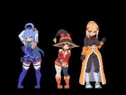 3girls adjusting_clothes adjusting_headwear animated aqua_(konosuba) arm_under_breasts armored_boots arms_behind_head arms_up bandaged_leg bandages belt belt_buckle black_background black_bodysuit black_gloves black_hat black_thighhighs blue_boots blue_eyes blue_hair blue_shirt blue_skirt blush blush_stickers bodysuit boots bouncing_breasts breasts brown_belt brown_boots brown_hair buckle closed_mouth darkness_(konosuba) detached_sleeves dot_mouth dress female female_only full_body gloves grabbing_own_breast hair_ornament hair_rings hand_on_own_hip hat high_heel_boots high_heels knee_boots kono_subarashii_sekai_ni_shukufuku_wo! large_breasts leaning leaning_forward long_hair long_sidelocks long_sleeves looking_at_viewer medium_breasts megumin multiple_girls neck_ribbon off-shoulder_dress off_shoulder one_eye_closed pixel_art ponytail red_dress red_eyes red_ribbon ribbon sesuji07 shirt short_dress short_hair short_hair_with_long_locks short_sleeves shorter_than_10_seconds sidelocks simple_background single_hair_ring single_thighhigh skirt sleeveless sleeveless_shirt small_breasts smile standing tagme thigh_boots thighhighs thighs very_long_hair vest video waistcoat winking_(animated) witch_hat x_hair_ornament