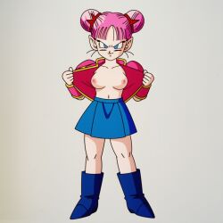 ai_generated background_character boots breasts double_bun dragon_ball_z facing_viewer flashing flashing_breasts looking_at_viewer nipples open_jacket pink_hair pointy_ears skirt standing
