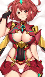 1girls bangs bed_sheet black_gloves blush breasts censored center_opening commission covered_navel cowboy_shot cuddly_octopus dakimakura dakimakura_design earrings eyebrows_visible_through_hair female fingerless_gloves gloves heart heart_censor jewelry large_breasts looking_at_viewer micro_shorts nintendo nipples no_bra no_panties open_clothes open_shorts pyra red_eyes red_hair red_shorts short_hair shorts solo swept_bangs tiara tony_guisado xenoblade_(series) xenoblade_chronicles_2