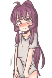 1futa blush bulge covering covering_crotch embarrassed erection erection_under_clothes flat_chest futa_only futanari hiding_erection intersex large_penis long_hair looking_at_viewer penis penis_bulge penis_under_clothes purple_eyes purple_hair rori_(4chan) shirt solo sugiura_ayano tenting very_long_hair white_shirt yuru_yuri