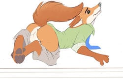 2019 anthro anus backsack balls bottomless canid canine clothed clothing disney fox hindpaw looking_at_viewer lying male male_only mammal nduli necktie nick_wilde on_front pants_down partially_clothed paws presenting raised_tail solo zootopia