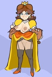 1girls areola areolae black_clothing black_eyes blue_hair blush breasts brown_hair clothed clothing crown ear_piercing earrings female female_only flower_earrings footwear freckles freckles_on_chest freckles_on_face garter_belt garter_straps genitals goomba headwear heels high_heels jewelry light-skinned_female light_skin looking_at_viewer mario_(series) medium_breasts medium_hair nintendo nipples no_bra no_panties nose_blush orange_clothing orange_footwear orange_heels orange_high_heels partially_clothed piercing poivre_moulu princess_daisy pussy royalty shoulder_length_hair smile smiling_at_viewer solo solo_female standing stockings super_mario_bros. thick_thighs thighs