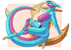 2024 3_toes 4_fingers absurd_res anchor ankr_(skiesofsilver) anthro areola bedroom_eyes big_breasts blue_body blue_horn blue_tongue breasts claws dated digital_media_(artwork) dorsal_fin feet female fin fingers forked_tongue full-length_portrait geometric_background hi_res horn leaning_on_object long_tongue looking_at_viewer metallic_body multicolored_body narrowed_eyes nipples nude nude_anthro nude_female open_mouth open_smile orange_background pink_body pink_breasts pinup portrait pose purple_visor reclining seductive segmented_body segmented_neck segmented_tail side_view signature simple_background smile solo synth_(vader-san) tail tail_fin toes tongue visor white_background xenthetechnomorph yellow_areola yellow_claws yellow_eyes yellow_fins yellow_nipples