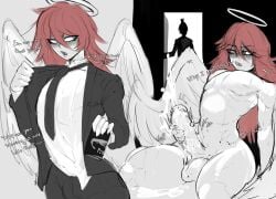 2boys alqkemy777 angel angel_devil_(chainsaw_man) angel_wings big_balls big_penis black_neckwear blush chainsaw_man cum english_text erection feathered_wings femboy hair_between_eyes halo hayakawa_aki long_hair masturbation monochrome necktie penis red_hair sharp_teeth teeth testicles wings