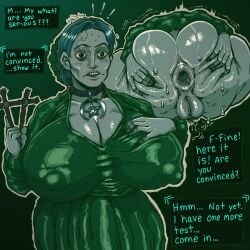 1girls anus blue_hair breasts_bigger_than_head choker fortune_teller_(no,_i'm_not_a_human) gaping gaping_anus gray_body gray_skin green_dress grey_body grey_skin huge_breasts lewdbeef lewdcreep mature_female no,_i'm_not_a_human projected_inset pussy shiny_skin spread_ass sweat