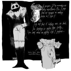 1:1 clothed clothing cursive english_text felid feline genitals hi_res horror_(theme) male mammal monochrome penis pocketcat_(fear_&_hunger) shaded simple_shading solo text zipper_down zivnny_(artist)