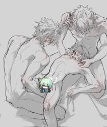 3boys anal anaxa_(honkai:_star_rail) bite_mark bite_mark_on_nipple bite_mark_on_shoulder censored gay gay_sex honkai:_star_rail male male/male male/male/male male_only male_penetrated male_penetrating naked naked_male nipple_play nipples nude nude_male phainon_(honkai:_star_rail) purple_eyes size_difference threesome yaoi
