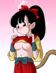 1girls artist_request belly black_eyes black_hair blush breasts closed_mouth clothed clothing dragon_ball dragon_ball_heroes erect_nipples female female_only flashing hair_ribbon navel nipples no_bra note_(dragon_ball) ribbon saiyan shirt shirt_lift solo tail tied_hair wristband wristbands