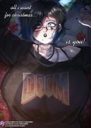 1girls big_titties black_hair black_lipstick black_nails black_sweater blue_eyes blush breasts choker christmas christmas_sweater couple doom ear_piercing earrings english_text eyebrow_cut female glasses goth goth_girl hair_over_one_eye heart_tattoo huge_breasts jebjebbz looking_at_viewer lying lying_on_back mayleen_(jebjebbz) mole mole_under_mouth necklace nose_ring original pale-skinned_female pale_skin pov ring romantic solo surprised sweater tattoo tattoo_under_eye variant_set wholesome