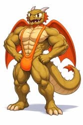 1boy ai_generated anthro bara biceps buff dragon dragon_male dragon_tail drmasondark hand_on_waist male male_only mankini orange_mankini orange_swimsuit pecs plants_vs._zombies plants_vs_zombies sexy snapdragon_(pvz) solo solo_male swimsuit tail white_background yaoi