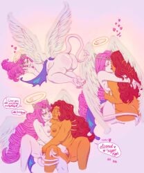 2girls ass ass_focus beast big_ass big_breasts biting_lip coochie cookie_run cookie_run_kingdom crispydestony eternal_sugar_cookie hollyberry_cookie horny lesbian_sex lipstick nipples pink_body pink_hair pussy pussy_lips pussy_peek red_hair soft_breasts soft_shading succubus suggestive tail toned_body tongue wings yuri