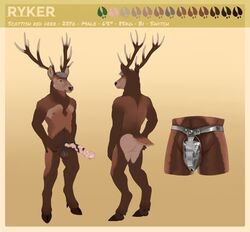 animal_genitalia animal_penis anthro antlers ass balls biped black_nose cervid cervine chastity_cage english_text equine_penis erection eyebrows front_view fur hair homogenousrule horn horsecock male mammal model_sheet nipples nude penis rear_view red_deer ryker_(lithotome) solo standing text