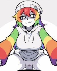 1boy 1girls :3 absurd_res ai_generated beanie bottomless colored_sleeves cowgirl_position duo falsegate highres hood_down hoodie huge_breasts large_breasts long_hair looking_at_viewer male_pov multicolored_hair penis penis_in_pussy pov pussy rainbow_hair rainbow_sleeves roblox self_upload sex shaded_face skittle_(the_battle_bricks) smile smug stable_diffusion straddling straight the_battle_bricks thick_thighs vaginal_penetration vaginal_sex white_beanie white_eyes white_hoodie white_skin