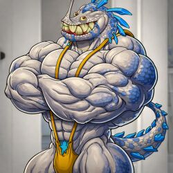 ai_generated angry_smile ass background bara bathroom big_butt big_butt_(male) buff dark_background dinosaur dinosaur_tail incisaur mankini mankini_ass_view my_singing_buff_or_bara_monsters my_singing_monsters my_singing_monsters:_dawn_of_fire orange_mankini penis_exposed_on_mankini saliva sexy smile smiley_face tail
