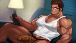 1boy abs arm_hair bara beard beefy biceps big_penis blurry_background blush breasts brown_eyes brown_hair chest_hair collarbone couch daddy dark_skin dilf erection erection_under_clothes g-string gay genital_outline glasses hi_res holding_object huge_cock hunk inviting lamp leopard_print living_room long_penis male male_only manly mature_male muscles muscular muscular_arms muscular_legs muscular_male muscular_thighs nipples_visible_through_clothing original original_character pecs penis penis_bigger_than_head pubic_hair quadriceps remote_control seductive short_hair sitting sitting_on_couch smile spiky_hair tank_top tarutanite thick_eyebrows thick_legs thick_penis thick_thighs thong tight_clothing tough_guy translucent_clothing triceps veiny_arms watching_tv yaoi