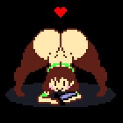 2girls accurate_art_style animated ass ass_up ass_up_face_down big_breasts black_background broken_heart brown_hair chara chara_(undertale) creepy creepy_eyes creepy_face creepy_smile eyeless eyeless_female female female_focus female_only heart holding_weapon jack-o_pose joestarjorik knife legwear looking_at_viewer loop looping_animation nightmare_waifu pixel_art short_hair squeezo_(undertale) striped_legwear thick_thighs thighs undertale unused_character unused_human_(undertale) weapon