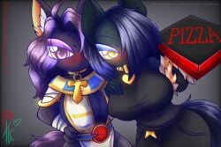 2026 2girls arm_stockings artist_name artist_signature big_breasts black_body black_fur black_jeans blue_hair cat_ears cat_tail collar egyptian egyptian_clothes egyptian_female gold_(metal) gold_jewelry hyuns_dojo in_heat in_heat_(game) muse_(trillionkat) nile_(in_heat) not_tlc purple_body purple_eyes purple_fur purple_hair sphynx_(cat) spiked_collar tank_top text thick_ass thick_thighs yellow_eyes