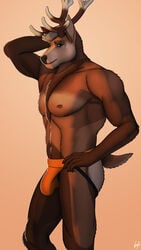 anthro antlers biped bulge cervid cervine clothed clothing fur hair horn jockstrap looking_at_viewer male male_only mammal red_deer ryker_(lithotome) simple_background solo topless underwear vogelrove