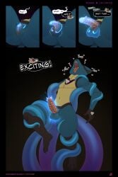 absurd_res anthro balls blue_body blue_fur bodily_fluids comic comic_panel dialogue english_text ftm_transformation fur gender_transformation genderswap_(ftm) generation_4_pokemon genital_fluids genital_transformation genitals hi_res invalid_tag lucario multi_panel nintendo nonbinary_(lore) nootkep nude open_mouth penis pokemon pokemon_(species) solo speech_bubble tentacle text transformation transformation_sequence vulva