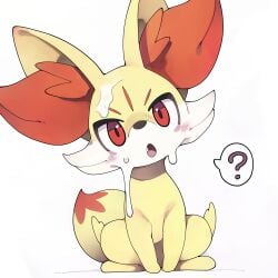 ? absurd_res absurdres animal_focus animal_sexualization bestiality cum cum_on_body facial fennekin feral hi_res highres looking_at_viewer open_mouth pokémon_(species) pokemon pokemon_(species) red_eyes sitting solo speech_bubble spoken_question_mark youjo_modoki