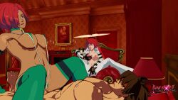 1boy 2girls 3d 3d_animation ahe_gao black_body breasts_out cowgirl_position cuckquean faceless_male female_masturbation fucked_silly giovanna_(guilty_gear) grabbing_own_breast guilty_gear guilty_gear_strive jack-o'_valentine laying_on_bed lolikill ntr sol_badguy sound swimsuit tagme video