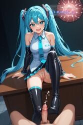 1girl absurdly_long_hair ai_assisted ai_generated aqua_eyes aqua_hair bdsm_room below bent_over big_eyes bootjob cleavage cum cum_on_boots cumshot cute_face detailed_face domination dripping eye_contact femdom focus foreshortening from hatsune_miku high_heel_boots highly_detailed leaning_forward legs_apart open_mouth twintails vocaloid