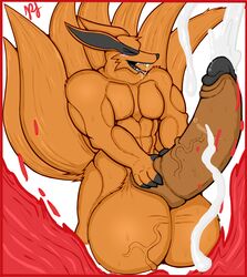 abs anthro anthro_only balls biceps big_balls black_claws blush canid canine claws closed_eyes cum cumshot drooling ejaculation excessive_cum fox fur huge_balls humanoid_penis hyper hyper_balls hyper_penis knot kurama male male_only mammal multi_tail muscular muscular_male naruto orange_fur orgasm pecs penis pfh saliva simple_background solo teeth tongue tongue_out triceps vein veiny_penis white_background