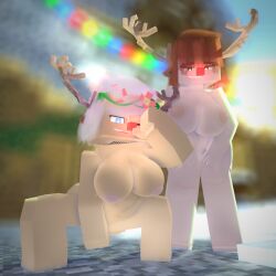 2girls 3d antlers areolae breasts breasts_out cheyenne_quinn christmas cuteskyler female female_only mine-imator minecraft mother mother_and_daughter nipples nude nude_female outside pussy skyler_quinn squatting standing