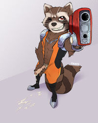 1boy anthro casual casual_nudity cum draite grin guardians_of_the_galaxy gun humanoid_penis looking_at_viewer male male_only mammal marvel muscular penis presenting procyonid raccoon ranged_weapon rocket_raccoon smile solo uncut weapon