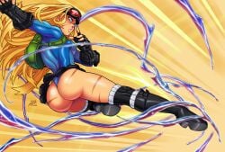 alternate_costume alternate_hairstyle armpits ass attack backpack bag belt belt_pouch black_boots black_gloves blonde_hair blue_eyes blue_leotard bodypaint boots buckle cammy_white capcom clenched_teeth copyright_name darkereve female female_focus fingerless_gloves fingernails flying_kick from_side gloves goggles goggles_on_head hair_down high_heel_boots high_heels highres jumping kicking knee_boots knee_pads leotard logo long_fingernails long_hair looking_to_the_side orange_background outstretched_arm pouch serious signature skin_tight sleeved_leotard solo street_fighter street_fighter_v tagme teeth thighs thong thong_leotard toned toned_female utility_belt very_long_hair wind