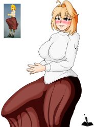1futa ahoge arcueid_brunestud big_ass big_breasts big_penis big_thighs blonde_hair blush bulge_through_clothing dress erection erection_under_clothes erection_under_skirt figure futanari huge_ass huge_balls huge_breasts huge_cock huge_thighs melty_blood_arcueid_figure_(meme) meme nm_posting_(artist) red_eyes red_skirt reference_image skirt sweater tsukihime voluptuous_futa watermark white_sweater
