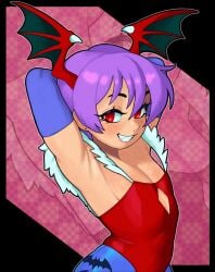 1girls armpit armpit_crease armpit_fetish armpits arms_up champchidi darkstalkers female flat_chest head_wings leotard lilith_aensland smile smiling smiling_at_viewer succubus true_flat_chest