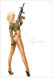 army_girl ass belly belt black_high_heels black_panties blonde_hair brown_gloves chipman1911 female_soldier green_shirt holding_gun looking_at_viewer open_toe_shoes rifle scar sideboob standing thighs