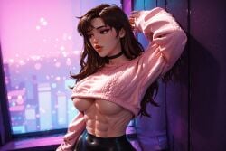 1girls 3d 3d_(artwork) 90's_theme 90s 90s_clothing abs absurd_res aesthetic ai_generated baggy_pants baggy_sweater big_ass big_breasts brown_hair busty crop_top hi_res high_resolution highres lucea_(oc) midriff midriff_baring_shirt radnsad skinny slim_waist solo solo_female solo_focus sweater thick_thighs tight_pants toned toned_body toned_female vaporwave wallpaper yoga_pants