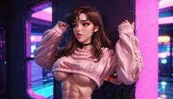 1girls 3d 3d_(artwork) 90's_theme 90s 90s_clothing abs absurd_res aesthetic ai_generated baggy_pants baggy_sweater big_ass big_breasts brown_hair busty crop_top hi_res high_resolution highres lucea_(oc) midriff midriff_baring_shirt radnsad skinny slim_waist solo solo_female solo_focus sweater thick_thighs tight_pants toned toned_body toned_female vaporwave wallpaper yoga_pants
